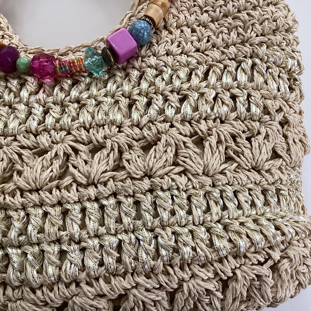 Cappelli Straworld Purse Handbag Round Beaded Jewel Handles Beige/Gold Lined - Picture 4 of 14